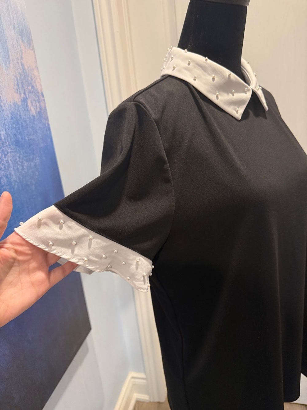 Karl Lagerfeld Black Short-Sleeve Top with White Studded Collar - Picture 2 of 6